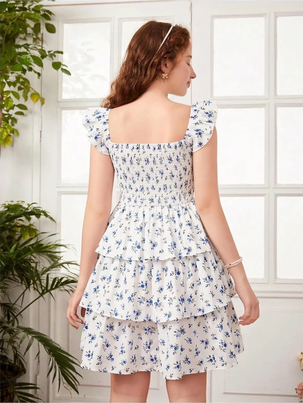 RoseSeek Girls Floral Summer Ruffle Tiered Dress Blue White, 12 Years